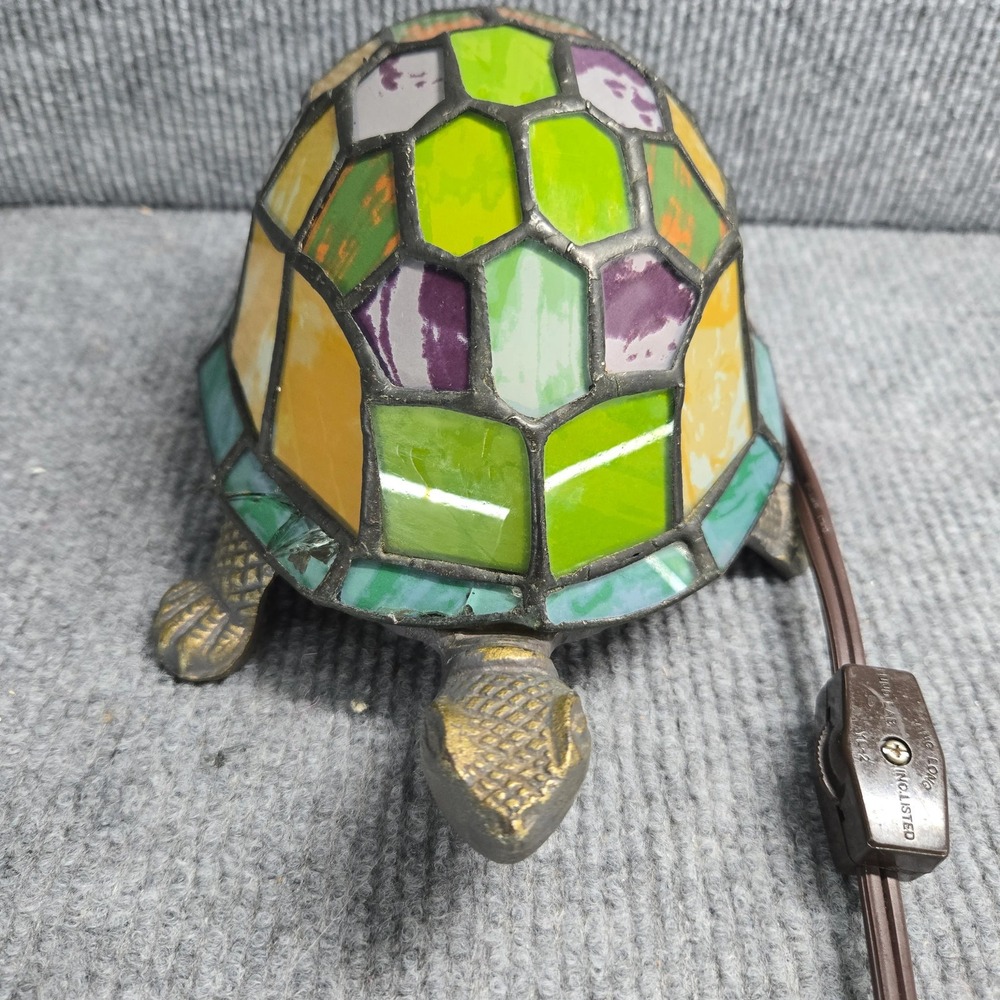 Vintage Tiffany Style Stained Glass Turtle Table Lamp Brass 8" Multicolor - Picture 2 of 8